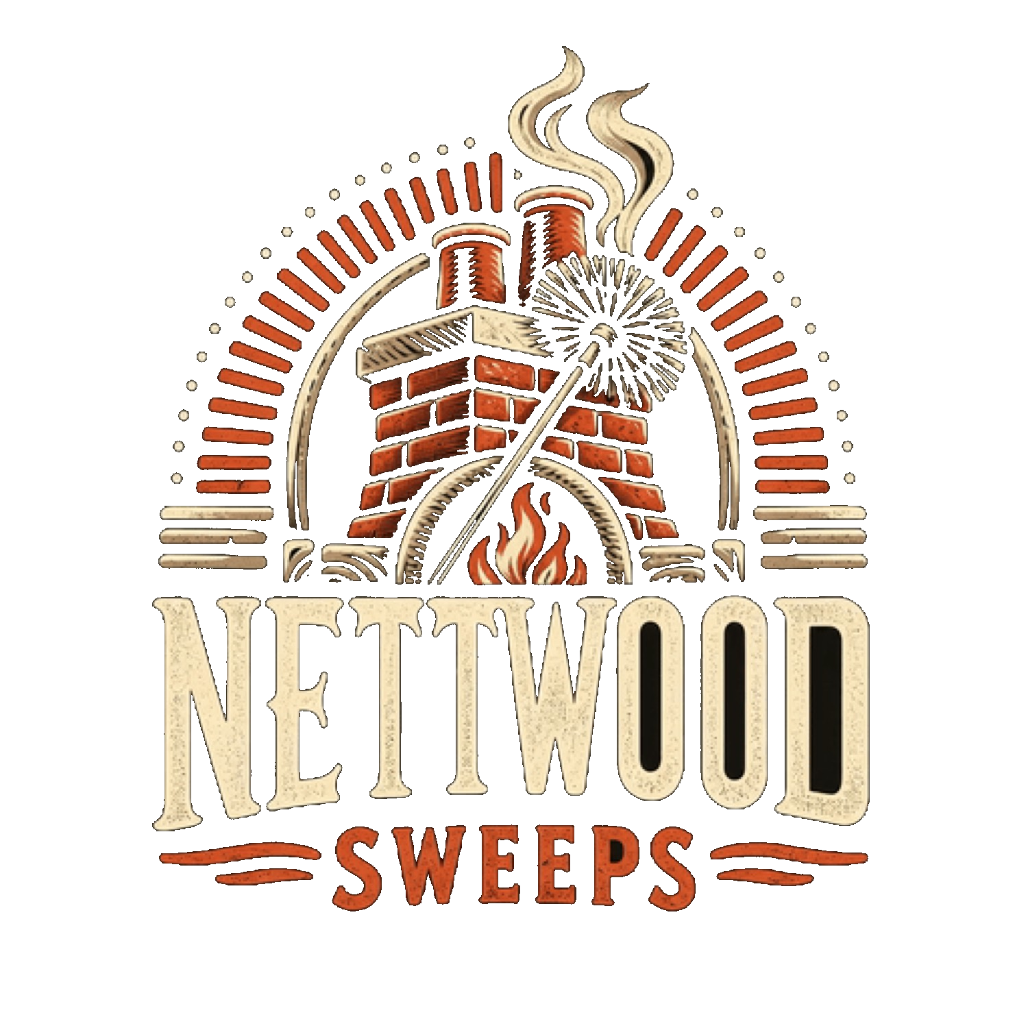 Nettwood Sweeps logo: brick chimneys, a flue brush and a flame.